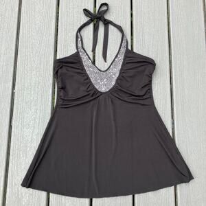 Y2K black babydoll sequin beaded halter top, 2000s boho chic whimsigoth